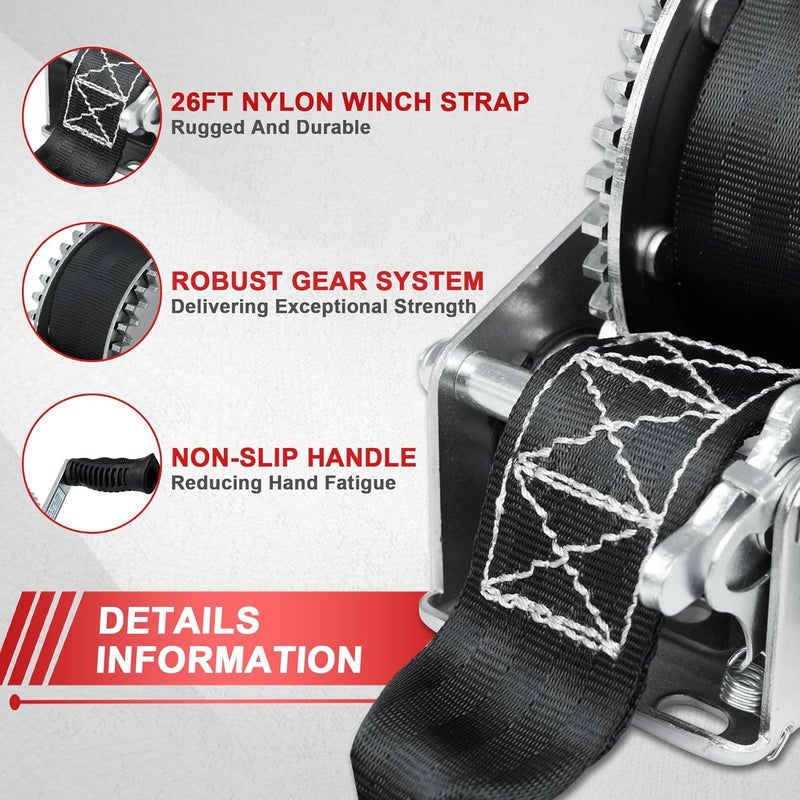 OPENROAD Store 2000lbs Heavy Duty Boat Trailer Winch with 26FT Strap,2-Way Ratchet,4:1 Gear Trailer Winch,Portable Hand Crank Winch for Boat,Truck, Trailer, RV, ATV, Jet Ski - Image 3